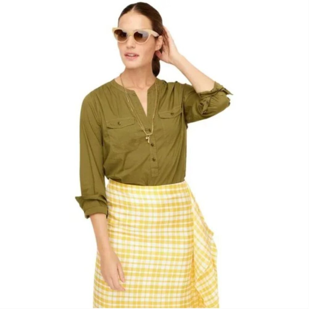 J. Crew Womens Garment dyed lightweight cotton‎ popover top in olive green large